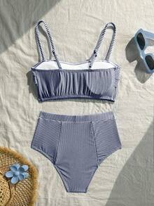 Swim Mod 女款夏季海灘格紋荷葉邊性感時尚比基尼兩件式泳衣套裝 - 寶藍色 - 查看 3