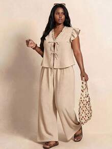 Elaquor Plus Size Women's Ruffle Trim Front Tie Small Flutter Sleeve Blouse And Wide Leg Pants Casual 2 Pieces Set Casual Summer Vacation Daily Two Pieces Set - Apricot - View 1