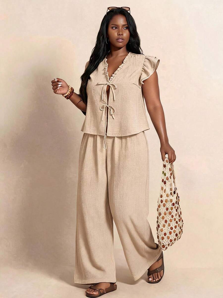 Elaquor Plus Size Women's Ruffle Trim Front Tie Small Flutter Sleeve Blouse And Wide Leg Pants Casual 2 Pieces Set Casual Summer Vacation Daily Two Pieces Set - Apricot - View 1