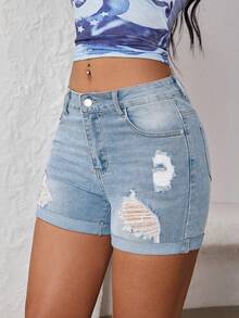 SHEIN ICON 夏季休閒破洞修身牛仔短褲 - 霧霾藍 - 查看 5