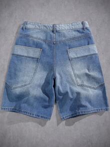 Manfinity Roghcode Pantalones cortos de mezclilla azul lavado claro con costura inversa casual para hombres jóvenes - Lavado ligero - Ver 2