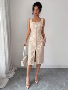 Elenzga Women's 2026 New Light Blue Spring/Summer Retro Elegant Floral Jacquard Sweetheart Neck Sleeveless Versatile Waist-Cinching Midi Dress, Adorned With Pearl And Metal Button Embellishments And A Slit Design. A Luxurious French-Style Dress Suitable For Women Aged 20-35+ For Dates, Parties, Formal Evenings, And Office Wear (Random Print). - Apricot - View 5