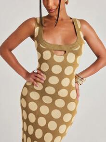 NYA SZN Knit Dress Sleeveless Cutout Detail Polka Dot Vibrant Unique Scoop Neckline Ribbed Maxi Summer Statement Unique Bridal Shower Outfits For Women - Khaki - View 4