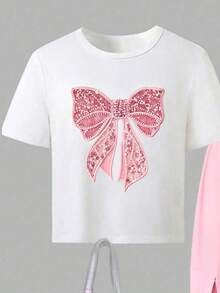 SHEIN 1套女童Y2K風格街頭風極簡運動蝴蝶結印花圓領短袖櫻桃印花上衣與3D口袋工裝褲兩件套，適合度假、上學、外出、派對與運動穿著 - 粉色 - 查看 4