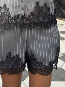 Alexandranx Urban Casual Lace Asymmetric Hem Patchwork Striped Short Shirt And Shorts Set, Black Lace Decor Women 2 Pieces Shorts Set Shirt Set, Holiday Outfits, Casual , Beach Outfits For Women, Elegant Dress Women , Beach Shorts, Spring Break Outfits , Two-Piece Commuter Set,Grey Striped Set 2 Piece Sets Woman Classy - Grey - View 4