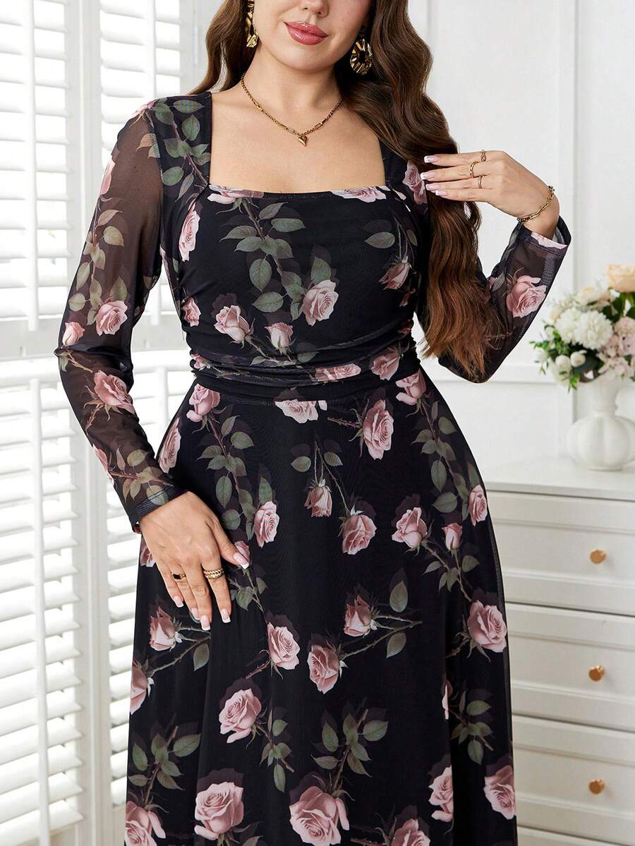 Reflora Plus Size Women's Long Sleeve Bodycon Knit Dress, Elegant Autumn/Winter Dress - Multicolor - View 1