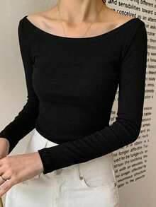 DAZY 女款大圓領修身短袖優雅T恤 灰色 春夏款 - 黑色 - 查看 1