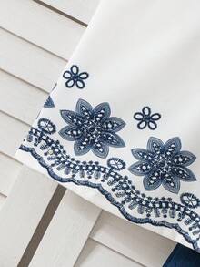 SHEIN Elladie kids 女童春夏新款休閒通勤兩件套，精緻刺繡V領無袖鏤空燒花寬鬆背心上衣，搭配收腰編織雙色斜紋寬鬆長褲，適合日常休閒出遊 - 白色 - 查看 6