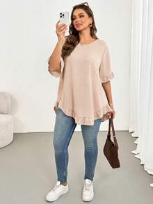 SHEIN Essnce Plus Size Casual Hot Pink Ruffle Blouse Summer Going Out Formal Tops - Apricot - View 6