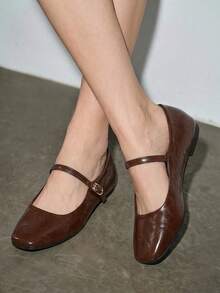 Bholvia French Breeze Elegant Square Toe Flat Soft Bottom Strap Women's Casual Shoes, Korean Version Chunky Heel Mary Jane Suitable With Dresses, Spring & Autumn - Brown - View 3