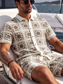 VENTUSAIL Men's Summer Thin Casual Vacation Knit Hollow Mesh Print Colorblock Design Short Sleeve Shirt And Elastic Waist Straight Leg Shorts Set, Holiday - Khaki - View 6