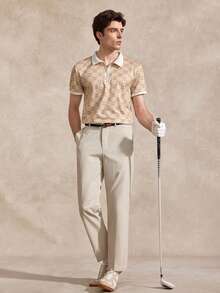 Courvante Men Summer Casual Color Block Geometric Printed Short Sleeve Polo Shirt, For Golf - Apricot - View 7