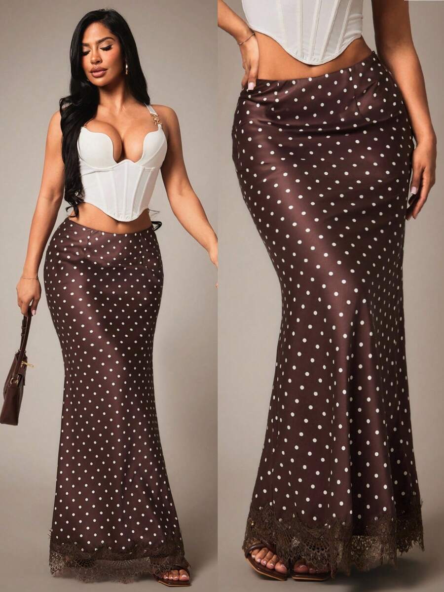 Radiana Women's Autumn Sexy Elegant Chic Brown And White Polka Dot Satin Contrast Lace Mermaid Skirt, Low Waist Skirt, Lace Trim Patchwork Skirt, Skirt - Brown - View 1