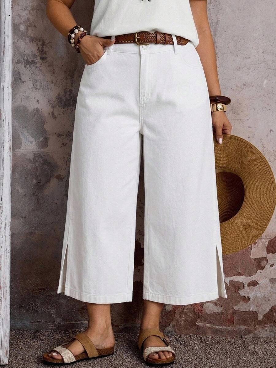 SHEIN EMERY ROSE CURVE 大码女式带口袋纽扣门襟休闲百搭日常阔腿牛仔裤