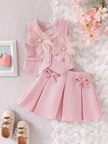SHEIN Playful Pals 女嬰復古3D花朵仿珍珠鈕扣西裝背心與百褶迷你裙休閒套裝 - 粉色 - 查看 4