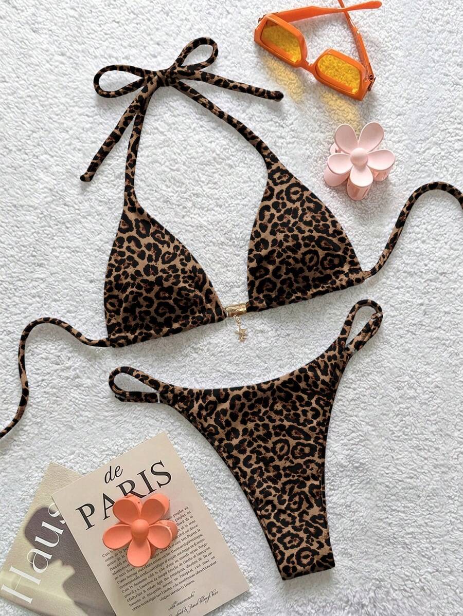 Soleia Women's Leopard Print Halter Bikini Set, Suitable For Summer - Multicolor - View 1