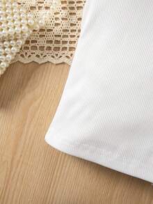 SHEIN Girls' White Ribbed Camisole - French Cottagecore, Ruffle Trim, Slim & Versatile For Daily/Vacation - White - View 3