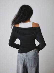ATUI Studio White Tank Top And Black Off-Shoulder T-Shirt 2 Pieces Set Everyday Day Time Work Night Out Going Out Autumn Casual Minimalist Street Wear Streetstyle - Black - View 3