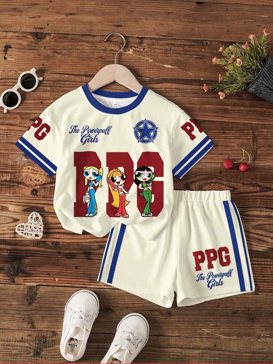 THE POWERPUFF GIRLS X SHEIN 女童對比色條紋卡通字母印花T恤短褲套裝 - 白色 - 查看 1
