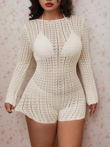 CovetEZ Plus Size Hollow Mesh Backless Fitted Jumpsuit, Beach Vacation Vacation White Autumn Elegant Winter - Beige - View 3