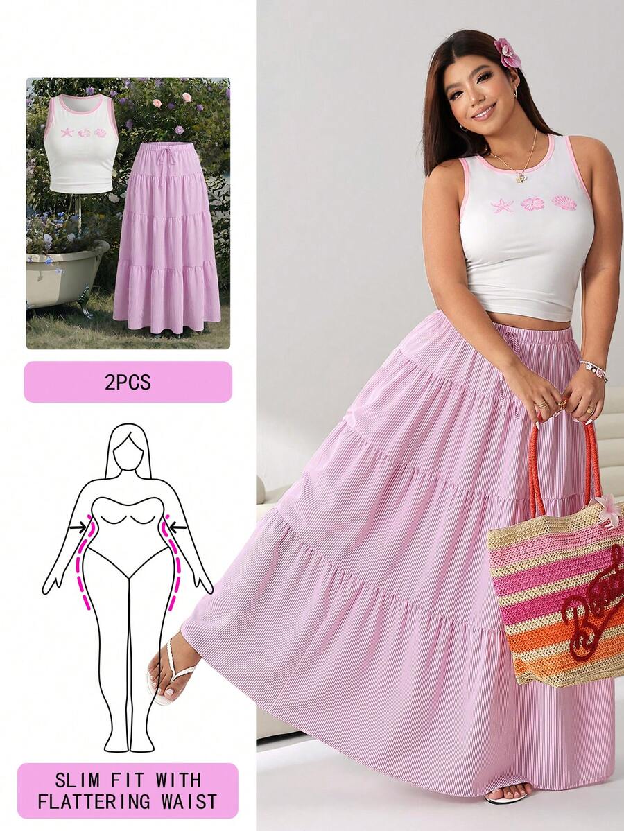 Solflare Shell Print Tank Top And Skirt 2 Pieces Set For Plus Size Women - Multicolor - View 1