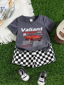 SHEIN 2pcs/Set Baby Boy Summer Cute Casual Knitted Printed Short Sleeve T-Shirt And Elastic Waist Checkered Pattern Shorts Set, Racing Set, Checkered Set, Infant Set, Summer Set, Cute Set - Multicolor - View 9