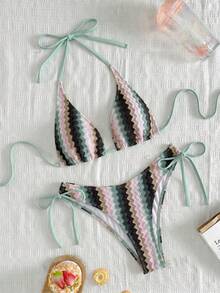 Swim Mod 彩色波浪條紋特殊面料綁帶三角比基尼套裝，極簡優雅休閒度假風女款泳衣 2 件組 - 彩色 - 查看 3