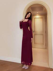 Modelyn Women's Solid Color Flare Sleeve Fitted Elegant Dress - Burgundy - View 5