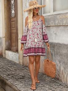 Brillora Women's Floral Print Off-Shoulder Spaghetti Strap Mini Dress For Vacation And Casual Wear - Multicolor - View 7