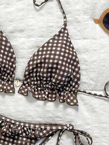 Swim Mod 女款夏季海灘純色荷葉邊掛脖綁帶兩件式比基尼泳衣套裝 - 彩色 - 查看 5