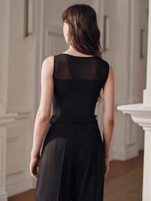 Anewsta Spring/Summer New Elastic Mesh Patchwork Knit Fabric Off-Shoulder Skin-Friendly Slimming Design Minimalist Versatile Elegant Women's Bodysuit - Black - View 2