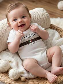 SHEIN Baby Boy Letter & Stripe Print Contrast Color Round Neck Short Sleeve Romper - Multicolor - View 8