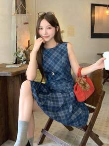 DAZY Women's Round Neck Plaid Sleeveless Korean Style Denim Dress School - Blue - View 9