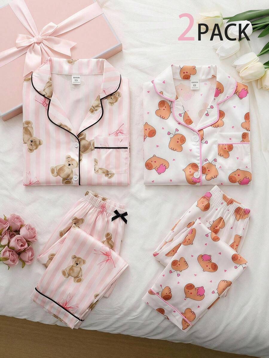 SHEIN Vintaside Kids 青少年女孩粉色蝴蝶結熊條紋印花仿絲拼接飾邊長袖長褲鈕扣領時尚休閒居家服套裝 - 彩色 - 查看 1