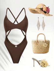 Bonvoyette Women's Solid Color Backless One-Piece Swimsuit For Vacation And Beach - Olive Green - View 3