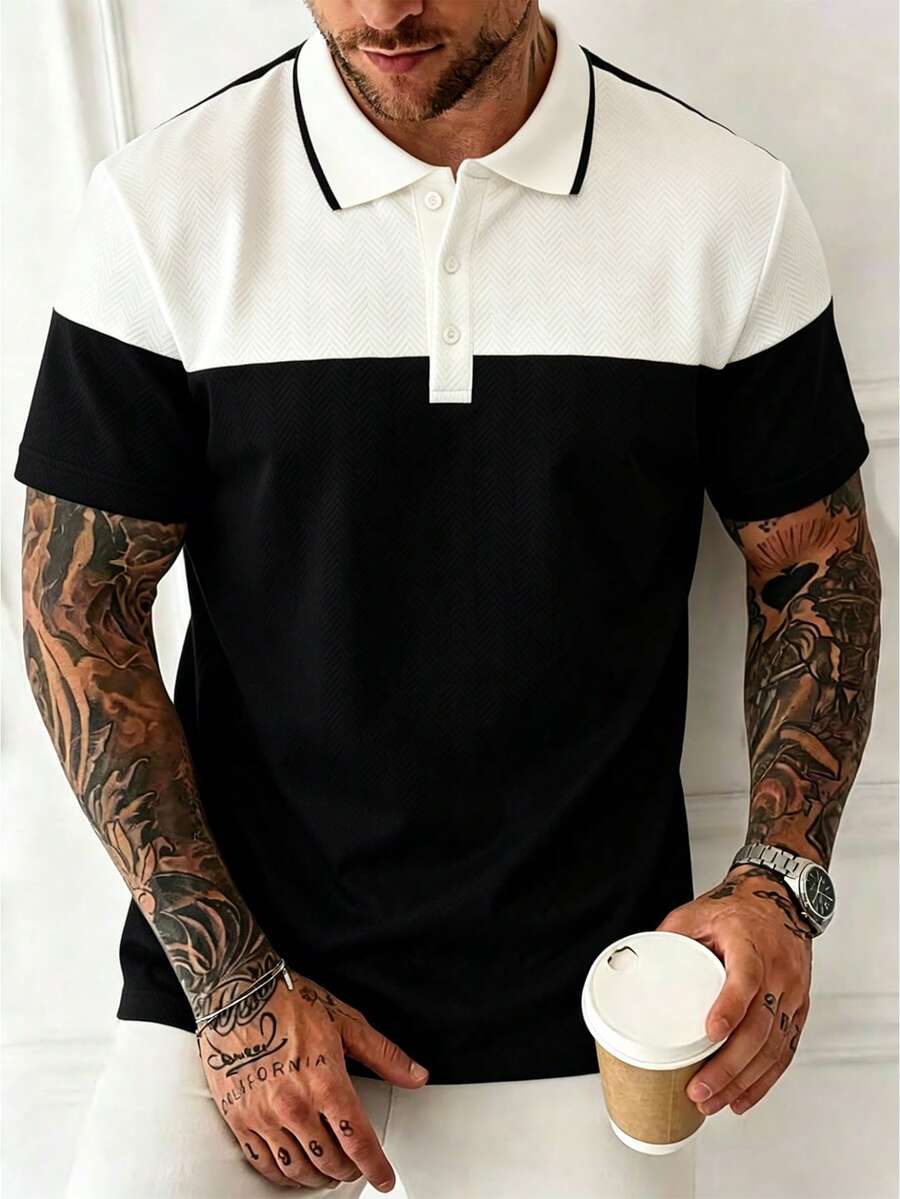 EGENSIO Kemeja Polo Lengan Pendek Kasual Pria Motif Patchwork, Serbaguna untuk Pemakaian Sehari-hari - Hitam dan Putih - View 1
