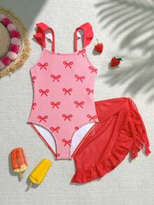 SHEIN Young Girls Striped Bow Print One-Piece Swimsuit Cover-Up Skirt - Red - View 1