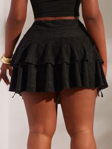 SHEIN SXY Black Stretch Lace Mini Skirt With Drawstring Waist And Layered Ruffles, Perfect For Vacation. Gothic Style, Casual Yet Sexy Street Wear. Autumn Gym - Black - View 8