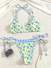 Swim Mod 夏季春假 2 件套新款隨機印花 2 合 1 側綁帶性感優雅度假比基尼套裝，適合海灘泳池派對女士泳衣 - 彩色 - 查看 4