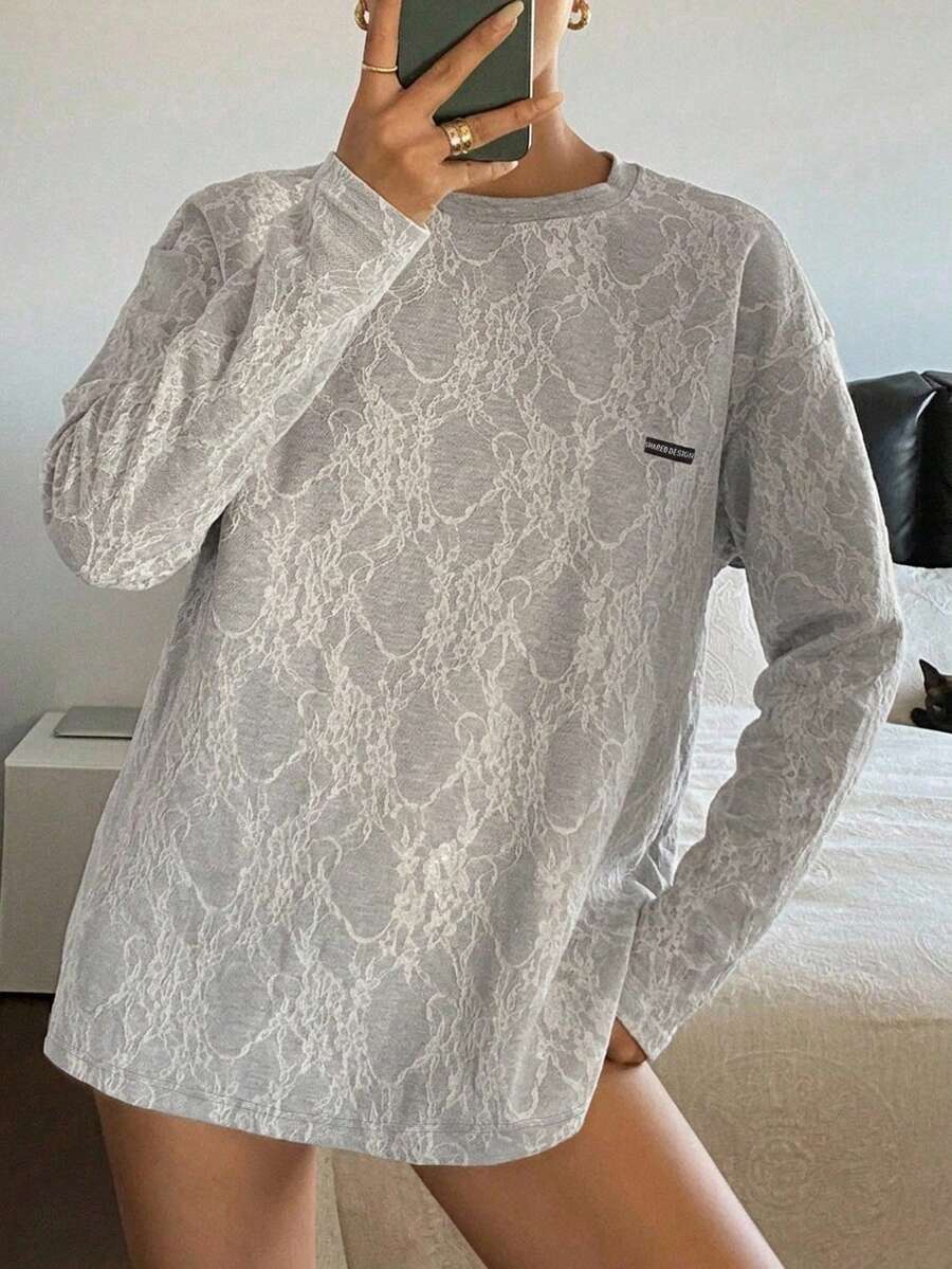 DAZY 女款時尚度假風蕾絲拼接圓領長袖T恤,灰色夏季日常休閒街頭風 - 淺灰色 - 查看 1
