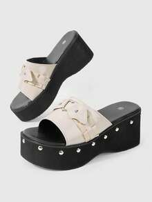 ROMWE Goth Women's Heeled Sandals With Punk Rivet Design, Super High Platform Heart-Shaped Slip-On Slippers For Outdoor Wear, 2026 Spring/Summer Lightweight Clogs Y2K - nude - View 3