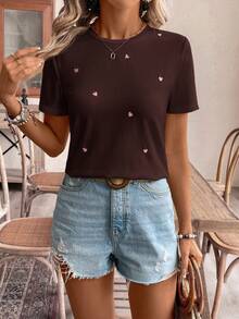 SHEIN Frenchy 女款線條刺繡愛心印花休閒日常短袖T恤 - 棕色 - 查看 5