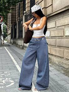 Coolane 女款夏秋街頭風 Disco Y2K 派對音樂電音外出休閒寬鬆低腰復古水洗棉質條紋寬腿藍色牛仔褲 - 中等水洗藍 - 查看 5