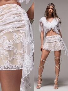 Sweetness Minifalda con volantes de encaje, estilo sexy de vacaciones para mujeres, primavera/verano - Blanco - Ver 1