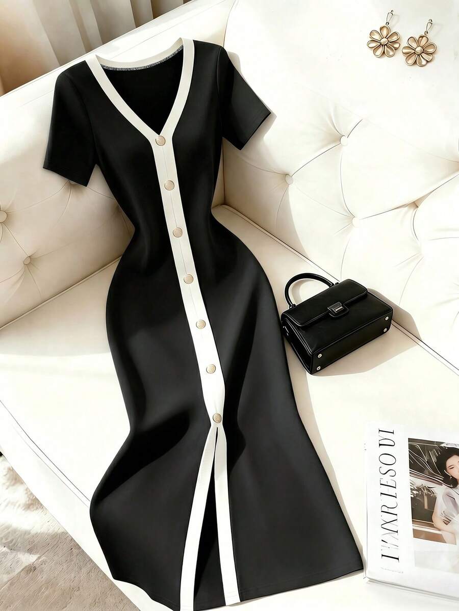 SHEIN Franclia 女款都市商務風夏季戶外旅行度假時尚優雅休閒短袖V領長洋裝 - 彩色 - 查看 1