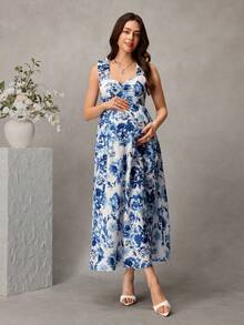 SHEIN Maternity Floral Print A-Line Dress With Wide Strap, Shirred Bust And Frill Trim Business Casual Elegant Outfit Daily Commute - Blue and White - View 4