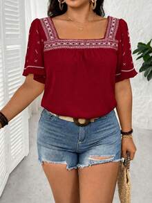 SHEIN LUNE Plus Size Women's Embroidered Square Collar Ruffle Sleeve Shirt,Burgundy Summer Boho Vacation Fashion Casual Minimalist Short Sleeve Top For Spring - Red - View 5