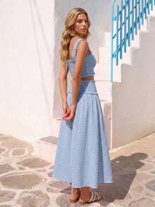 Vivid Eden Women's Vacation Casual Tropical Cute Blue And White Gingham Plaid Tank Top Skirt 2 Pieces Set Beach Holiday Outfits Festival Rave Clothes Summer - Blue - View 3