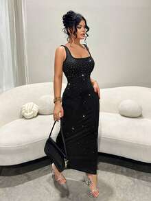 SHEIN SXY Plus-Size Black High-Elastic Knit Rhinestone Embellished Backless Slim-Fit U-Neck Halter Sleeveless Cocktail Dress, Sexy And Elegant - Black - View 5