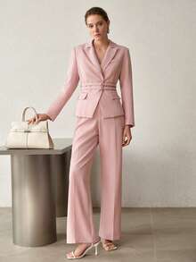 MOTF PREMIUM WOMEN'S SOLID COLOR DOUBLE BELT SLIM FIT COMMUTER JACKET AND PANTS 2 PIECES SET - Pink - View 3